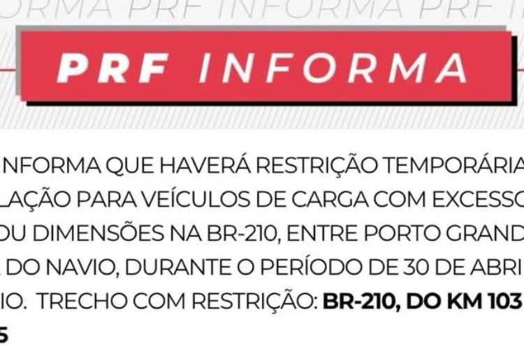 PRF restringe circulação de veículos de carga na BR-210 durante feriado no Amapá