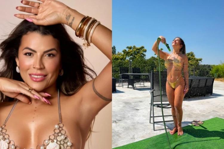 Primeira Miss Bumbum improvisa banho de mangueira 