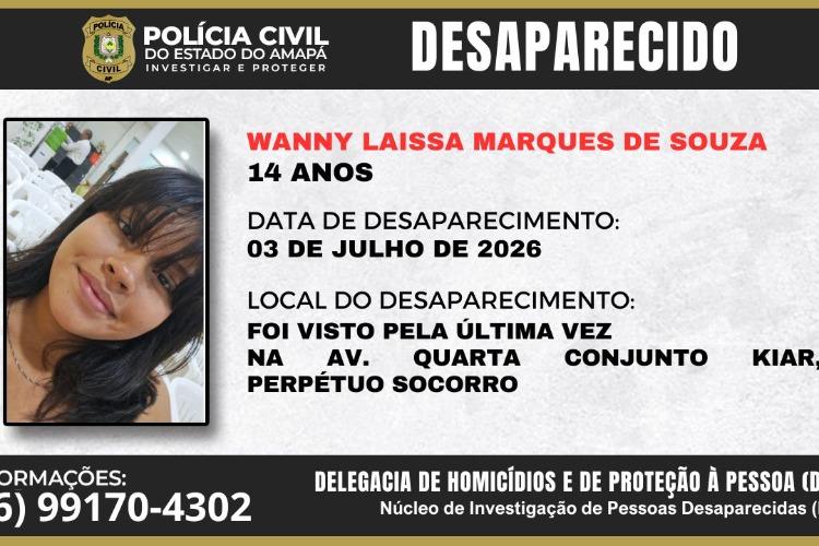 Polícia Civil do Amapá pede a colaboração da população para localizar adolescente desaparecida