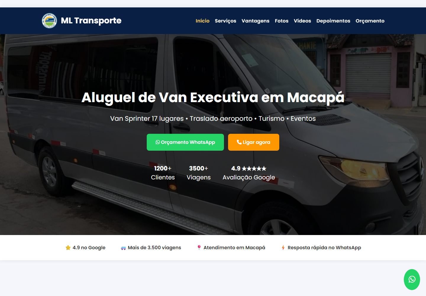 Tela inicial da ML Transporte
