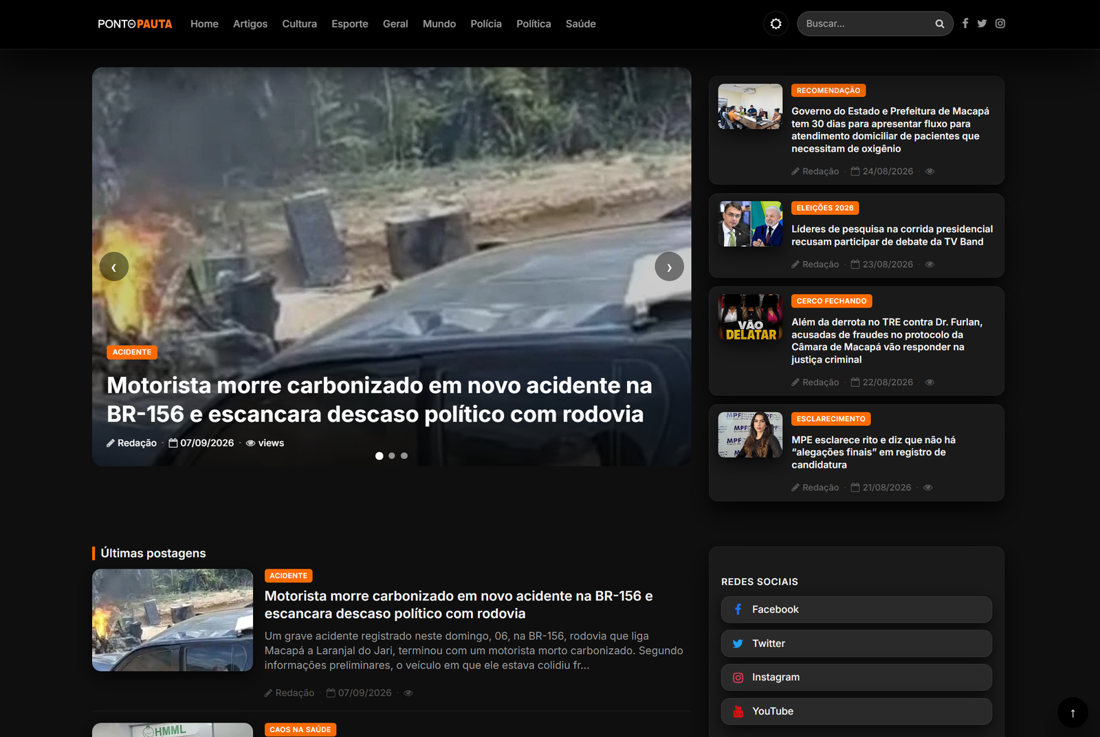 Tela inicial do portal Ponto da Pauta