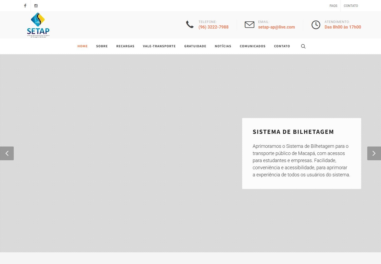 Tela inicial do website SETAP